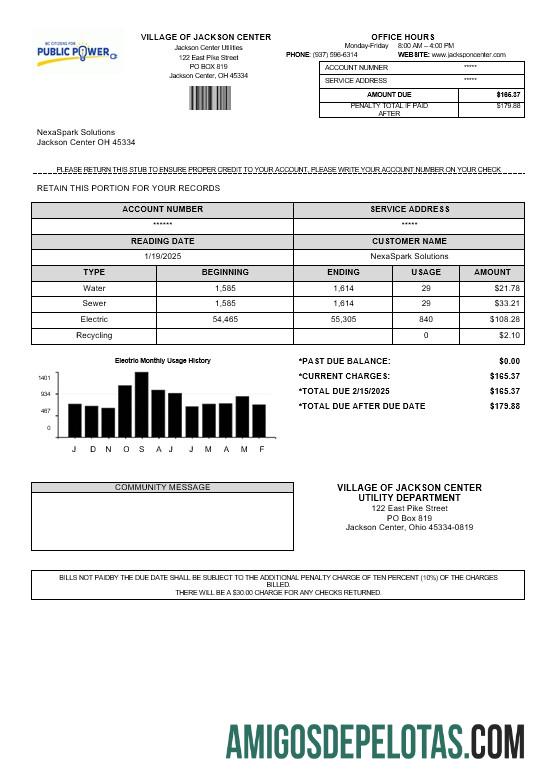realista Modelo de conta de serviços públicos de energia pública, EUA, Ohio, vila de Jackson Center, em formatos Word e PDF